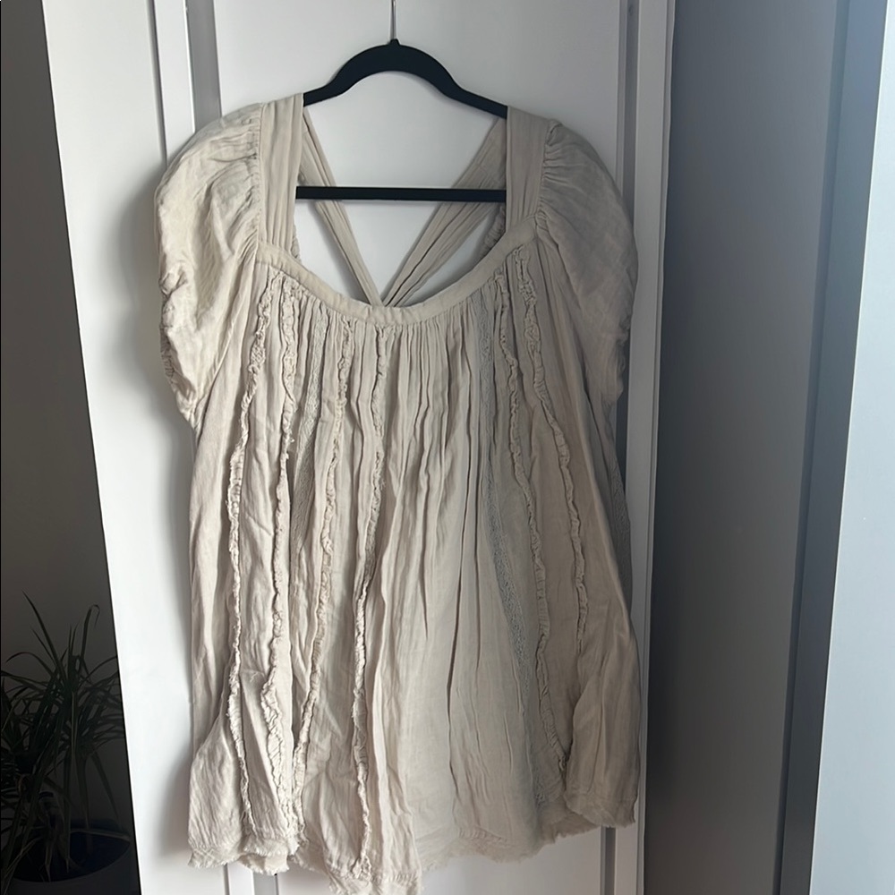 Free People Cream Gauzy Boho Peasant Top with Crossback